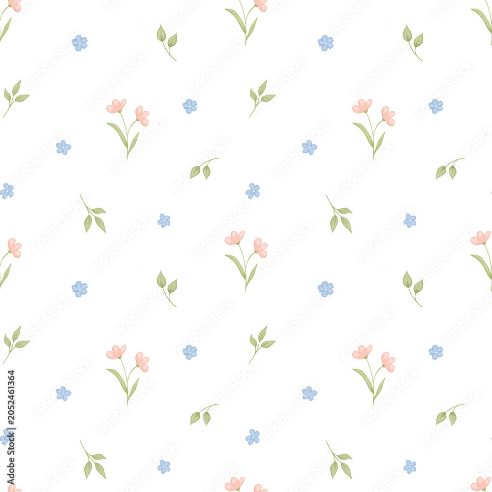 Fototapeta premium Watercolor seamless floral pattern with cute flowers on white background. Hand painted tiny bouquet print for fabric, wallpaper, wrapping paper