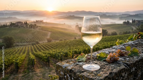 Festival of the Vine, A chilled glass of white wine standing on a weathered stone ledge overlooking rolling vineyard hills at sunrise
