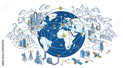 Slika na platnu Global Network Connections - World Map with Cities, Mountains, and Technology