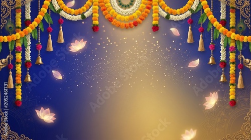 Jhulan Yatra festival banner background, royal blue and gold gradient, elegant floral swing-inspired decorations,