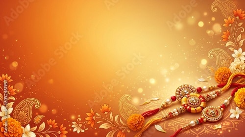 Raksha Bandhan wallpaper background, orange to golden gradient, decorative rakhi elements and floral motifs