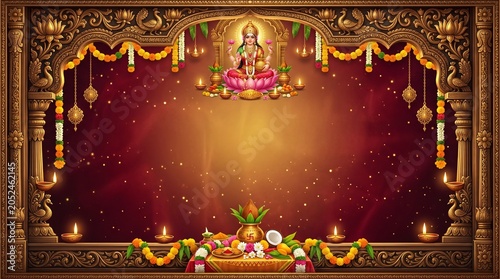 Varalakshmi Vratam background design, deep red and gold gradient blend, elegant temple-inspired decorative frame