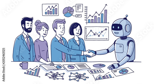 Robot Shaking Hands With Business People.