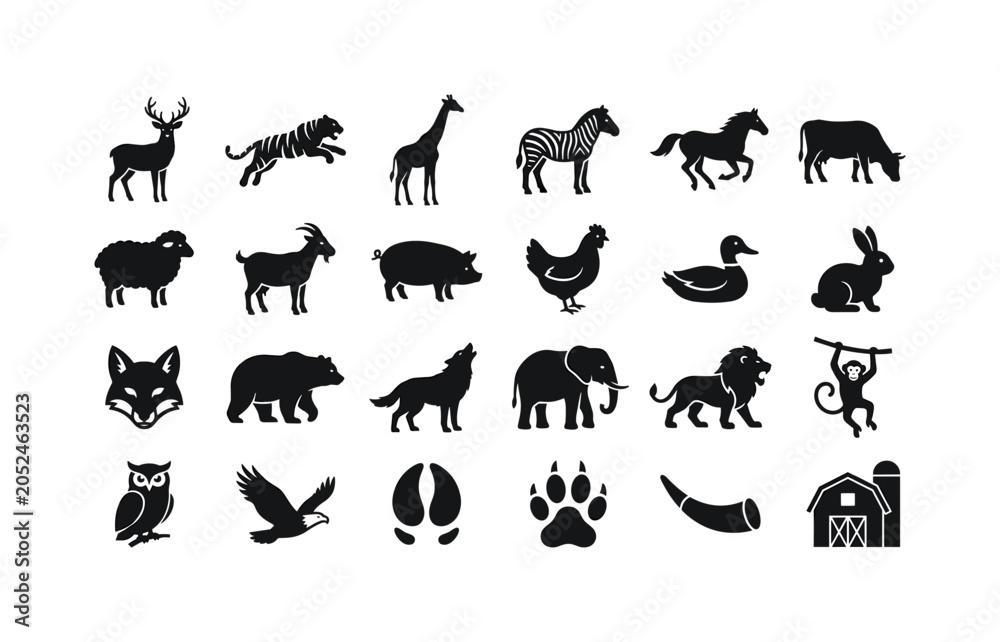 Obraz premium Wild Farm Glyphs. Solid glyph icon set of farm and wildlife animals: deer, tiger, giraffe, zebra, horse, cow, sheep, goat, pig, chicken, duck, rabbit, fox, bear, wolf, elephant, lion, monkey, owl,