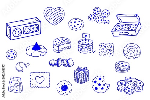 Large outline cookie clipart set with sweet biscuits, wafers, bakery products and snacks isolated on white background