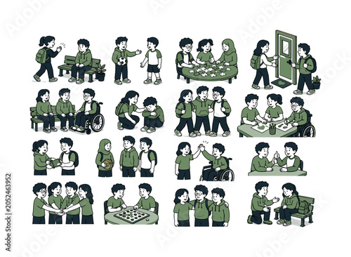 Inclusion Support Friends collection of digital illustrations NOT icons NOT symbols, 12?20 character-driven small scenes of people welcoming lonely classmates, inviting others to games, sharing