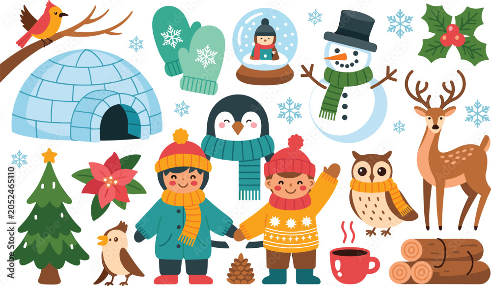 Fototapeta premium Festive winter holiday vector illustration featuring snowman, animals, children, cozy accessories, and seasonal decorative elements