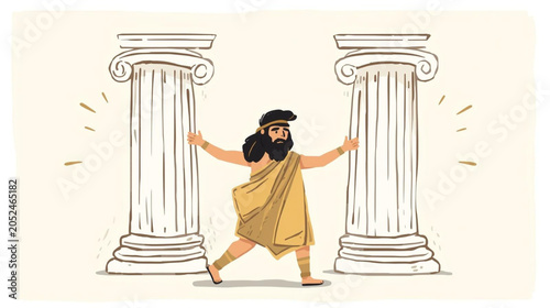 Samson Pushing Temple Pillars Biblical Minimalist Illustration
