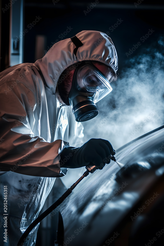 Fototapeta premium Panelbeater Full Respirator Spraying Primer on Car Hood in Paint Booth, Mist Cloud, High Contrast Dramatic Lighting