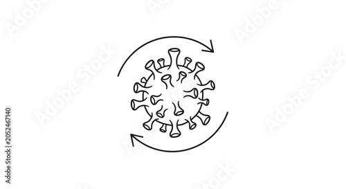 Virus cell with dual rotation arrows line art icon.