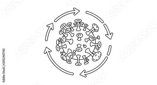 Virus icon with circular rotation arrows symbol.