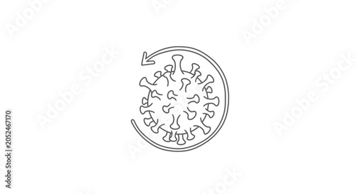 Virus mutation cycle with circular arrow line art icon.