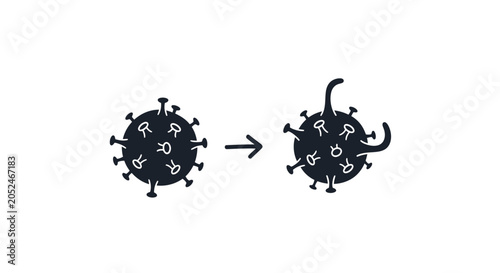 Virus mutation icon showing transformation process on white background.