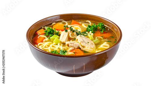 Bowl of chicken noodle soup with vegetables and herbs, visible steam, isolated on transparent background