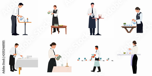 Fotografía Collection of Professional Waiters and Waitresses in Uniform Pouring Drinks and