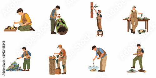 Photos Collection of characters and illustrations depicting beetle breeding, feeding, and care by entomology enthusiasts in various outdoor and indoor environments