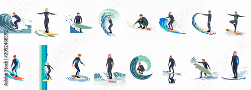 Collection of flat vector illustrations depicting diverse male and female surfers in wetsuits riding waves on surfboards isolated on a white background.