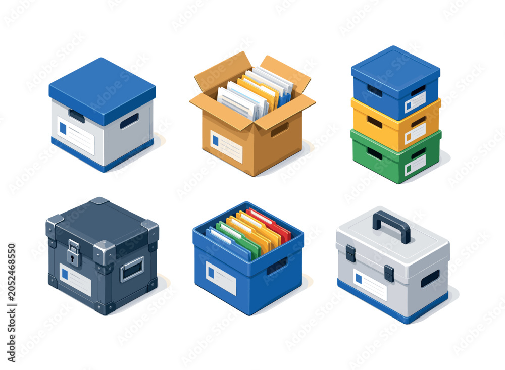 Fototapeta premium File boxes. Isometric flat vector icons set of File boxes: labeled archive box, open document box, stacked storage boxes, reinforced file container, color coded file box, portable handle box. Arrange