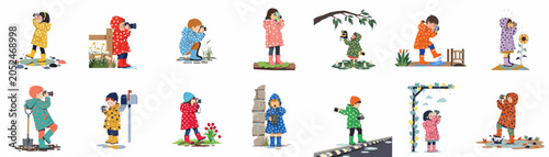 Collection of Illustrative Vector Characters: Children in Colorful Polka-Dot Raincoats Taking Photos Outdoors in Rainy Weather with Cameras.