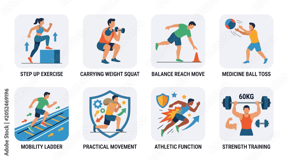 Fototapeta premium Vector Set of People Engaging in Various Fitness Activities and Exercises Outdoors for Health and Wellness