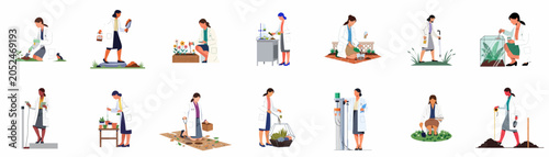 Foto Set of illustrations of female scientists and botanists in white coats performing various plant research, soil testing, and environmental studies activities