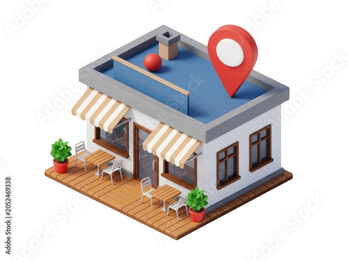 Isometric 3d illustration of a small white building with a red location pin on the roof isolated on transparent background