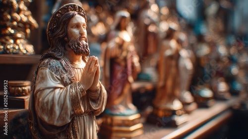 religious figurine of Jesus Christ with hands in prayer among sacred artifacts in a temple setting