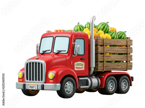 Red truck loaded with fresh produce including watermelons and oranges isolated on transparent background