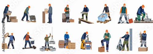 Fotografie Collection of commercial fishermen and port workers performing various tasks like handling, sorting, and processing fresh catch, isolated on a white background