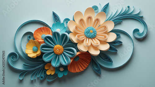 Colorful Paper Quilling Floral Design with Elegant Decorative Swirls