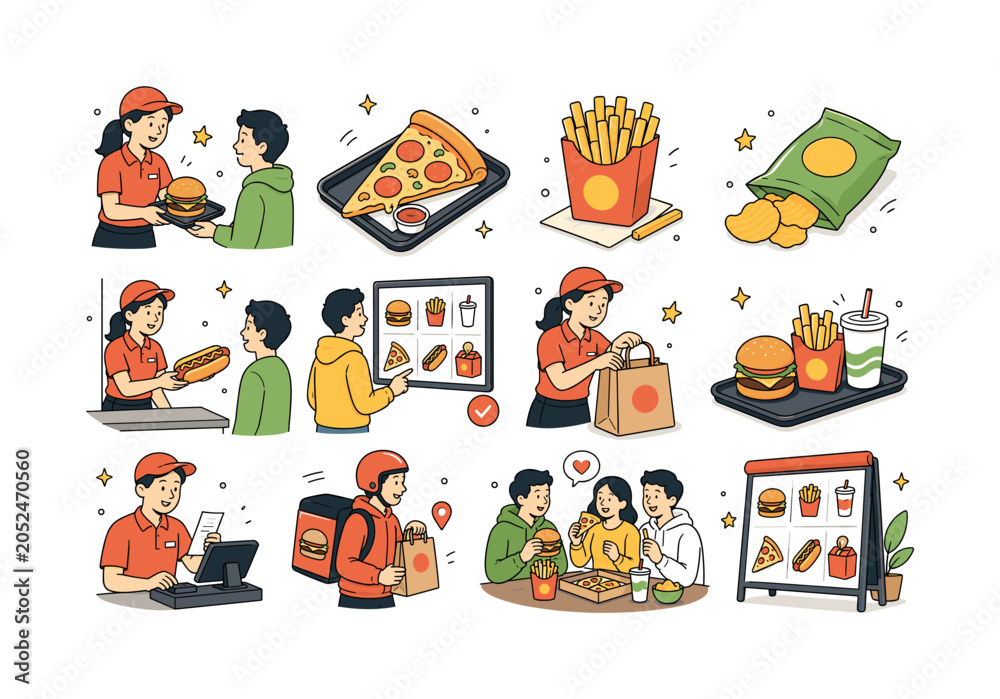 Fototapeta premium Fast Food Menu. Pizza, chips, burger, french fries, hot dog, takeout meals, snack ordering, restaurant service, and quick food collection. 12 minimalist editorial vector scenes: a server hands over a