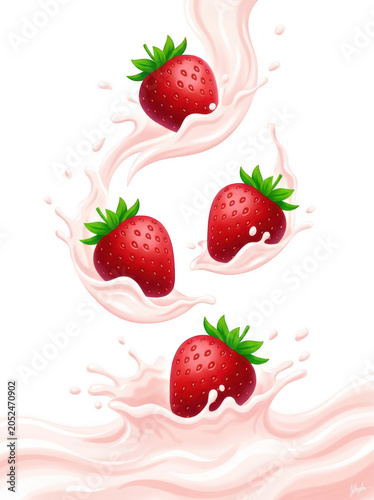 Four red strawberries with green leaves and splashing pink milk isolated on transparent background
