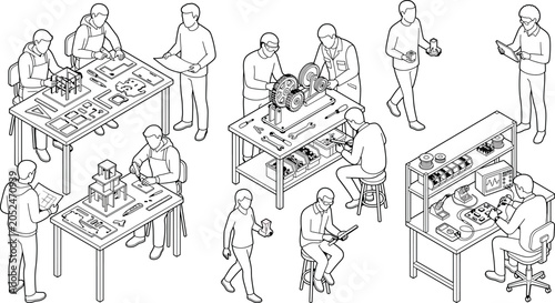 Isometric engineering and design workshop with people working on architectural models, mechanical gears, and electronics transparent background