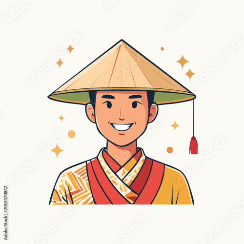 Cartoon Man Wearing Traditional Asian Conical Hat and Robes