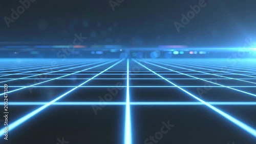 Low angle perspective of electric blue neon grid plane with anamorphic lens flare