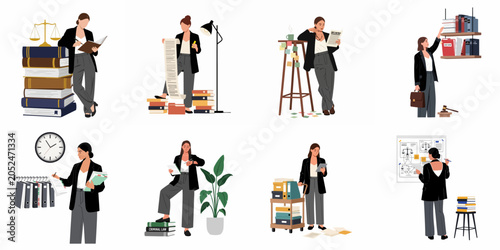 Collection of illustrations depicting a female lawyer managing various legal tasks, including case preparation, research, and documentation in a professional setting.