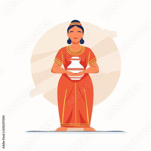 Woman in Traditional Dress Holding a Pot
