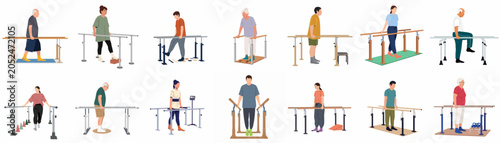 Bild auf Leinwand Comprehensive collection of diverse people performing rehabilitation and gait training exercises on physical therapy parallel bars, suitable for medical and healthcare themes