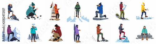 Collection of flat illustrations showing diverse women engaged in various outdoor adventure and mountain activities like hiking, climbing, and exploring.