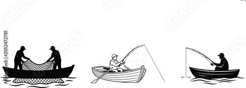 Bild auf Leinwand Traditional Boat Fishing and Net Angling Vector Icon Set Featuring Black Silhoue