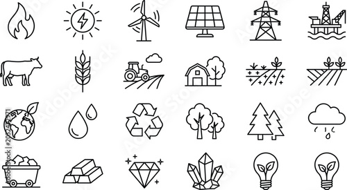 Foto Renewable energy ecology agriculture and natural resources line icon set for gre