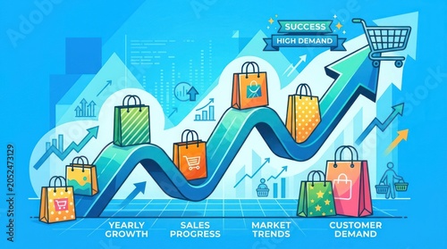 Business Growth and Sales Success: Shopping Bags on Upward Trend Graph