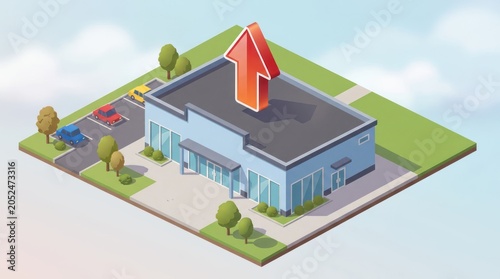 Modern Building with Upward Arrow Symbolizing Growth and Success