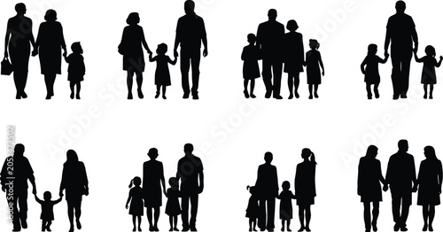 Cuadro en lienzo Family Silhouette Collection Featuring Parents and Children Walking Together in