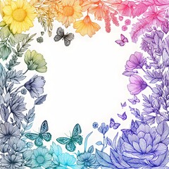 Tuesday, 9 June 2026 at 15:44
Hand-sketched floral frame, colorful wildflowers, leaves, butterflies, rainbow gradients, pencil and marker illustration, detailed botanical doodles.
