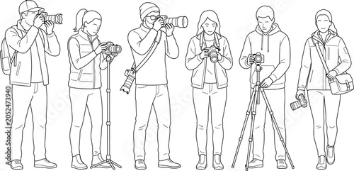 Bild auf Leinwand Group of photographers with cameras, tripods, and equipment, line art illustrati
