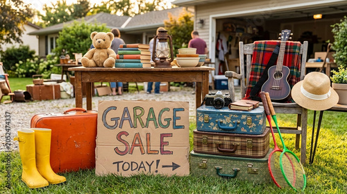 A garage sale scene with various items like a teddy bear, books, camera, and suitcases, symbolizing bargain hunting, treasure discovery, and community event