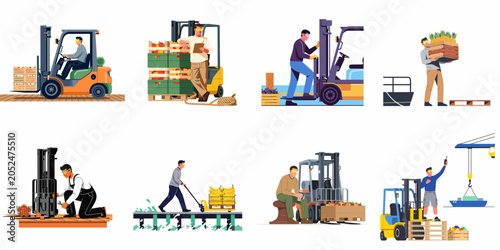 Collection of flat vector illustrations depicting warehouse logistics, port workers, and forklift operations for the transportation of fresh fruits in a commercial harbor setting.
