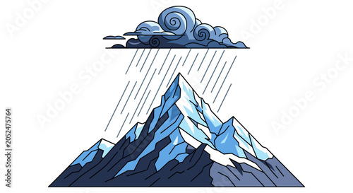 Winter mountain peak with rain shower from a dark storm cloud mountain landscape illustration precipitating climbing adventure