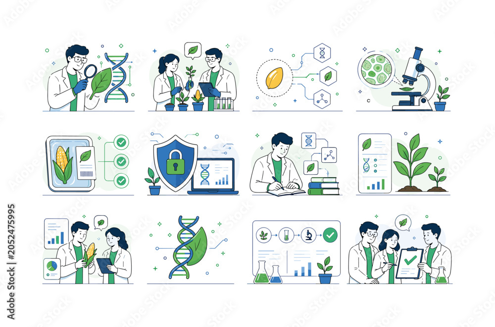 Fototapeta premium GMO Food Science. Genetically modified organism, food science, bioengineering, crop research and lab testing. 12 minimalist editorial vector scenes: a researcher studies a DNA leaf, two scientists